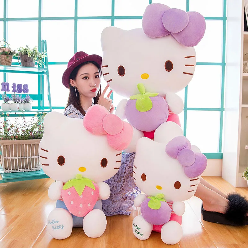 Süße Kawaii Hello Kitty Plüschpuppen mit Erdbeerkatze, gefüllte Stofftiere, Kissen, Sofakissen, Geburtstagsgeschenk, Raumdekoration, 30–70 cm