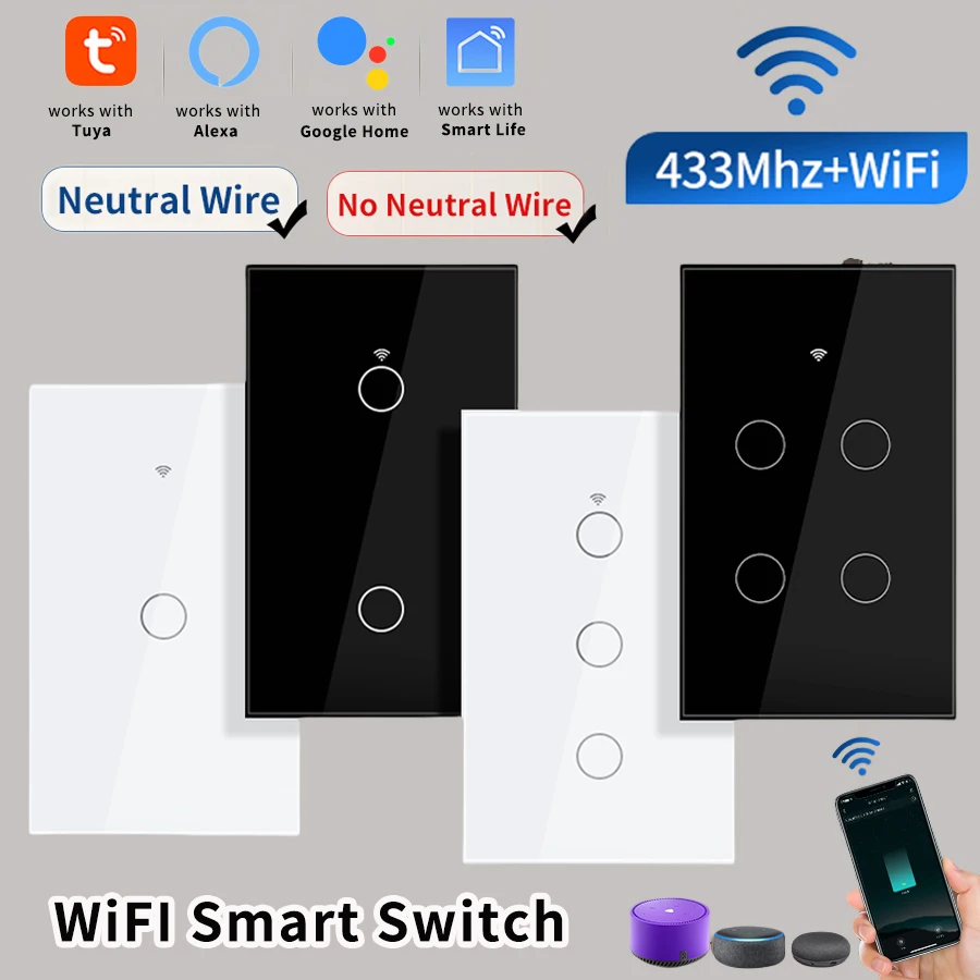 Tuya WiFi Smart Home Lichtschalter RF433 Neutralleiter/Kein Neutralleiter erforderlich US-Wand-Touch-Schalter unterstützen Alexa Google Home Image