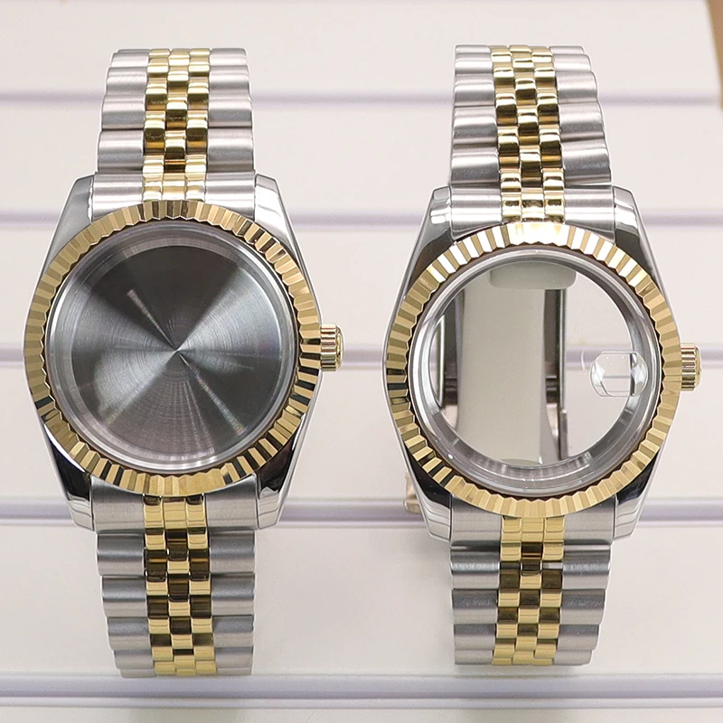 36/40 mm Gold und Silber geriffeltes Uhrengehäuse, Armbandteile, Saphirglas für Seiko NH35/36 Miyota 8215 Uhrwerk, 28,5 mm Zifferblatt Datejust Image