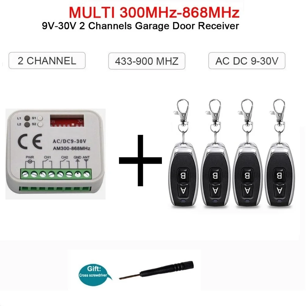 Récepteur universel AC/DC 300-868 MHz pour porte de garage, récepteur de télécommande 2 canaux, remplacement, code fixe, code roulant, 433 MHz, 315 MHz