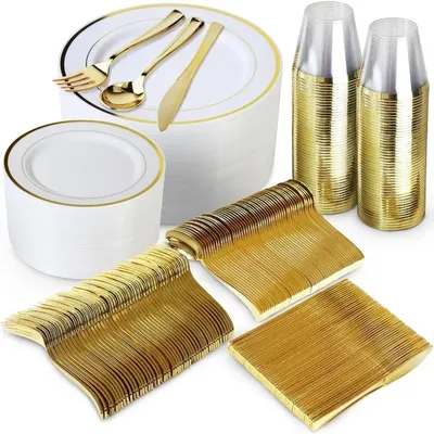 600 Piece Gold Disposable Dinnerware Sets, 200 White and Gold Plates, Set of 300 Gold Plastic