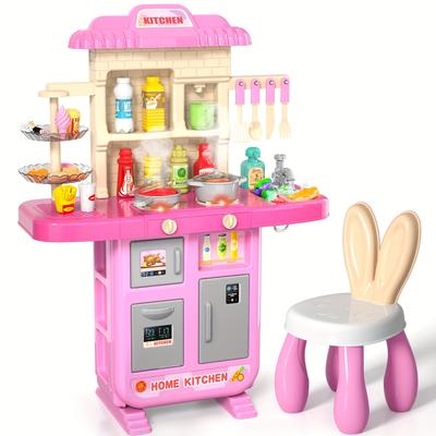 TEMU Kids Play Kitchen Playset For Toddlers Girls, Toy Pretend Play Food Toy With Chair For Girls Kids 3-8, With Light Sound Spray Christmas, Gift