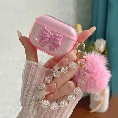3D Pink Bow Hülle für Airpods 1/2 schützende kabellose Kopfhörerabdeckung für Airpods Pro/Pro2 Hülle mit Haieball-Kette Image