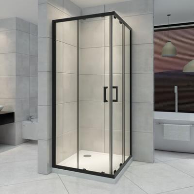 Duschkabine mit Schiebetüren Eckdusche mit Rollensystem aus esg Glas 180cm Hoch mit schwarze Image