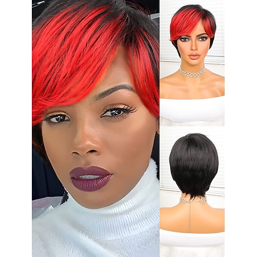 Synthetische Perücken Natürlich gerade Kurzer Bob Seitenteil Perücke 8 Zoll Schwarz / Rot Synthetische Haare Damen Gemischte Farbe Image