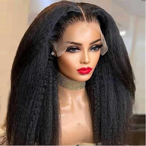 13x6 Lace Front Kinky Straight Perücke HD Transparent Yaki Straight Frontal Closure Echthaarperücken für Frauen 20 Zoll 180% Dichte klebefreie Perücke vorgezupft mit Babyhaar Image