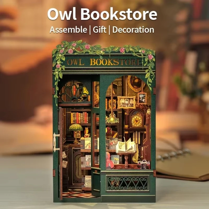 CUTEBEE DIY Book Nook Kit Miniatur-Puppenhaus aus Holz mit Lichtern, Bücherregaleinsatz, 3D-Puzzle-Dekormodell für Geschenke, Eulen-Buchhandlung