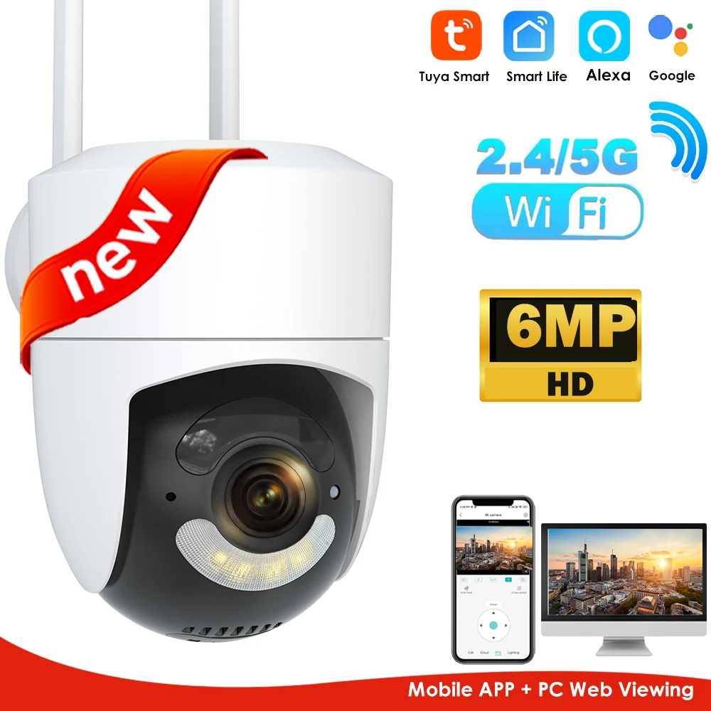 2,4G/5G WiFi Kamera Outdoor 6MP Tuya Wifi Überwachung Kameras PTZ Sicherheit Schutz CCTV Cam Auto tracking Alexa Google Onvif Image