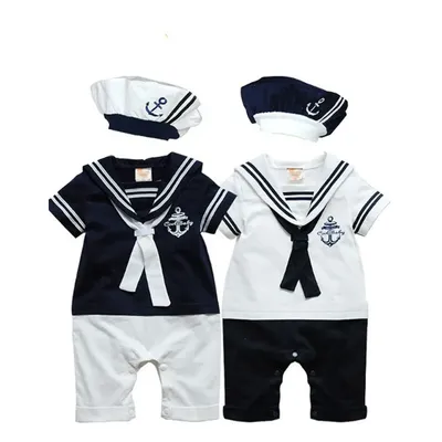 Baby Boy Clothes Girl Navy Romper Summer Newborn Kids Sailor Jumpsuit Hat 2Pcs Sets Body Short