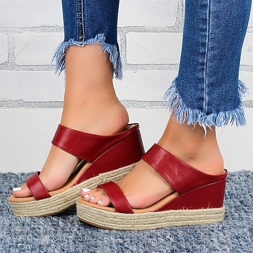weiße Espadrille-Keilsandalen für Damen mit offener Spitze und Doppelriemen für Freizeit-, Strand- und Sommeroutfits Image
