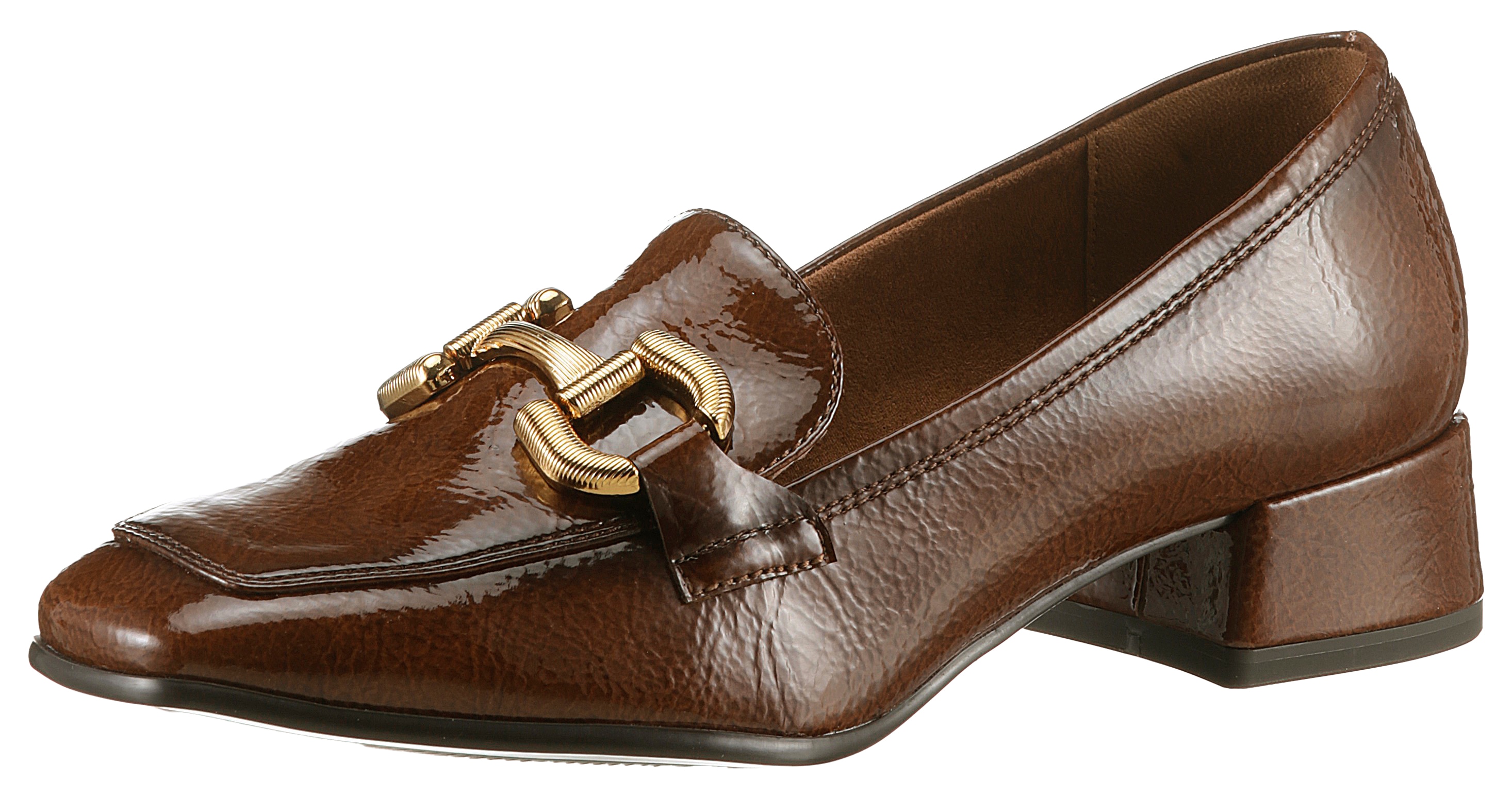 Slipper TAMARIS, Damen, Gr. 38, braun (cognac), Lacksynthetik, Antik-Look, used, Schuhe Slipper, Blockabsatz, Pumps, Businessschuh mit modischer Zierspange