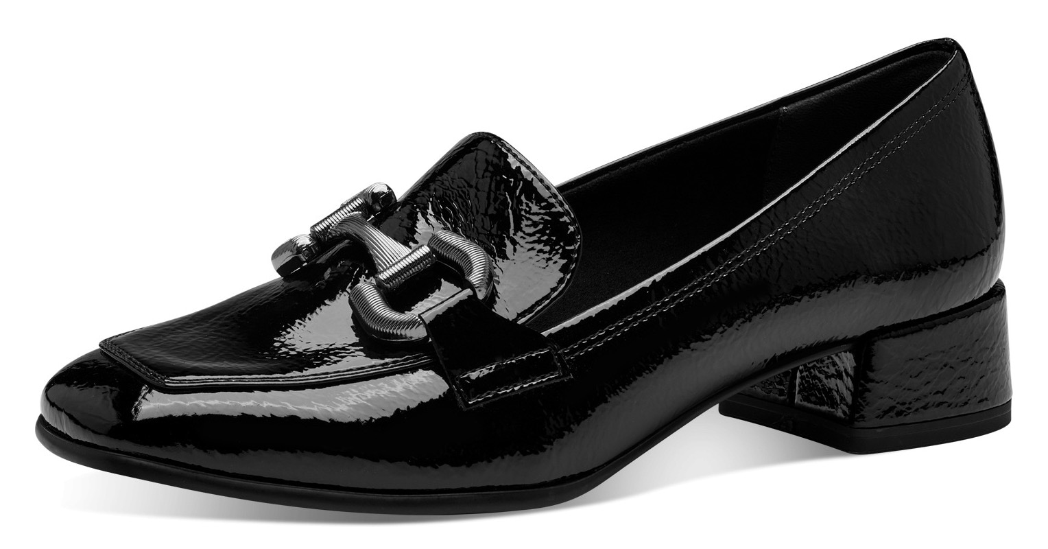 Slipper TAMARIS, Damen, Gr. 38, schwarz, Lacksynthetik, unifarben, Schuhe Slipper, Blockabsatz, Pumps, Businessschuh mit modischer Zierspange