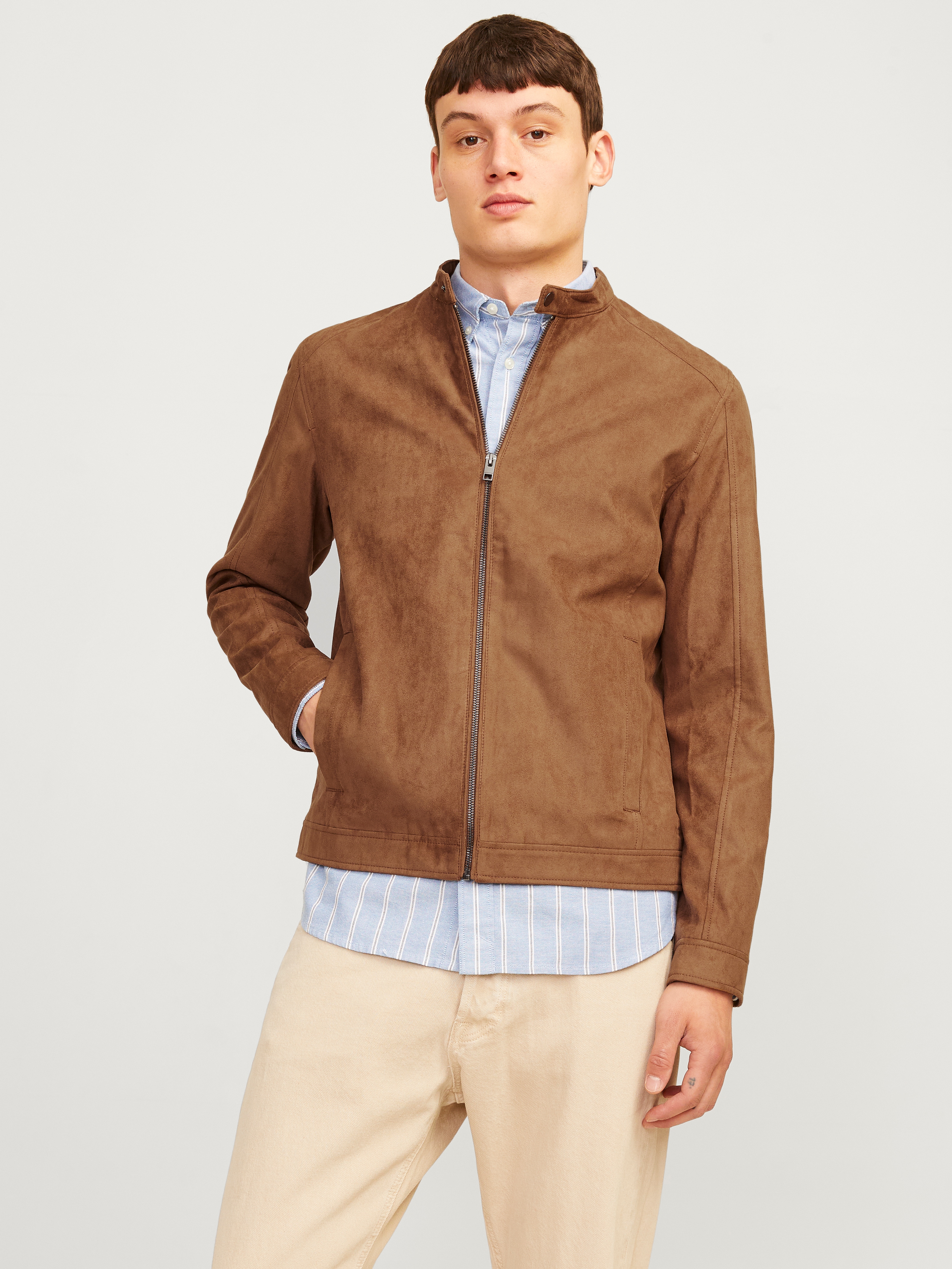 Lederimitatjacke JACK & JONES "JJEDYLAN CLEAN JACKET NOOS", Herren, Gr. XXL, braun (cognac), Web, Obermaterial: 100% Polyester, unifarben, normal taillenbedeckt, ohne Ausschnitt, 1-Knopf-Manschette, Jacken, mit Bandkargen