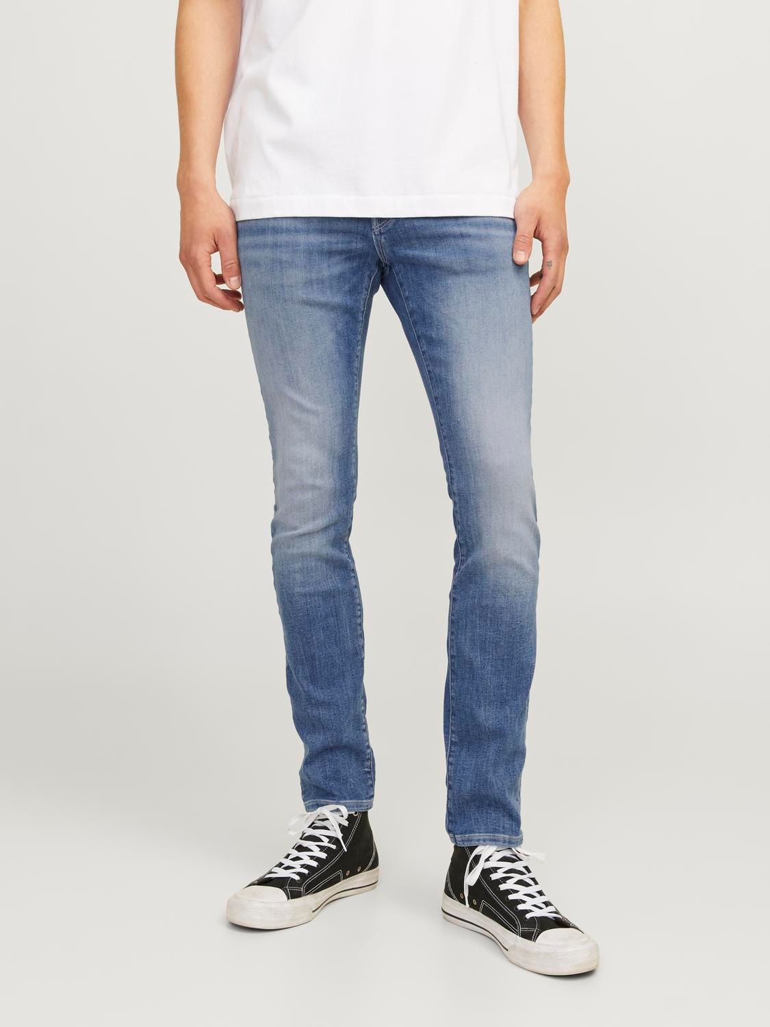 Slim-fit-Jeans JACK & JONES "JJIGLENN – Jeans mit Stretch, niedriger Leibhöhe und Taschen", Damen, Gr. 34, Länge 32, blau (mid blau denim), Denim/Jeans, Obermaterial: 70% Baumwolle, 28% Polyester, 2% Elasthan, Abriebeffekte, slim fit knöchellang,...