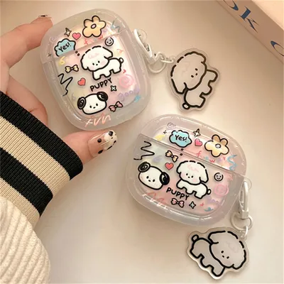 Kawaii süße Cartoon Hund Blume Kopfhörer Fall für AirPods 1 2 3 mit Welpen Anhänger Schutzhülle Soft Cover für AirPods Pro2 Image