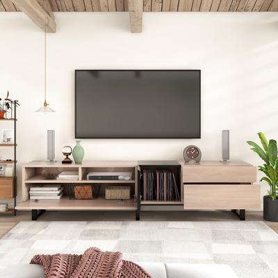 Modern TV Entertainment Center with Drop Down Door, Natural Wood