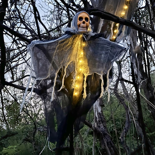 Halloween beleuchtete Geisterschädel, lustige Gartendekorlichter, Partydekorationen, Stoff, batteriebetrieben, Halloween, Outdoor, Waldpark, Spukhaus, Horrorszenen-Layout Image