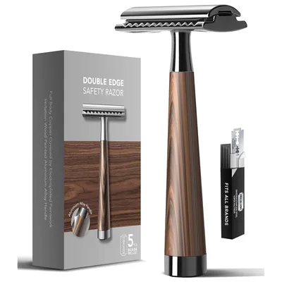 Double Edge Safety Razor, Faux Wood Zinc Alloy Handle Razor with 5 Swiss Stainless Steel Blades,