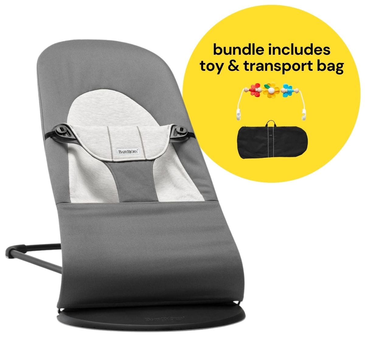 BabyBjorn Bouncer + Flying Friends Toy Bar + Transport Bag Bundle - Balance Soft, Cotton / Jersey Da