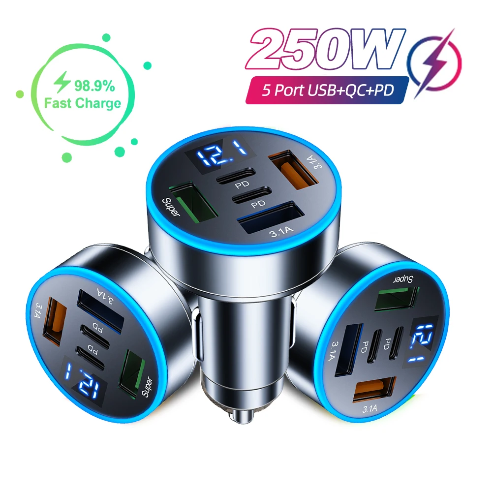 Autoladegerät 5-in-1-Schnellladeadapter 3 USB-Anschluss + 2PD QC3.0 mit Spannungsüberwachung Telefonladegerät Typ C USB für IPhone Samsung Image