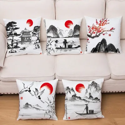 45*45 Klassische Tinte Landschaft Druck Muster Kissen Abdeckung Hause Wohnzimmer Sofa Dekoration Platz Kissen Fall Image
