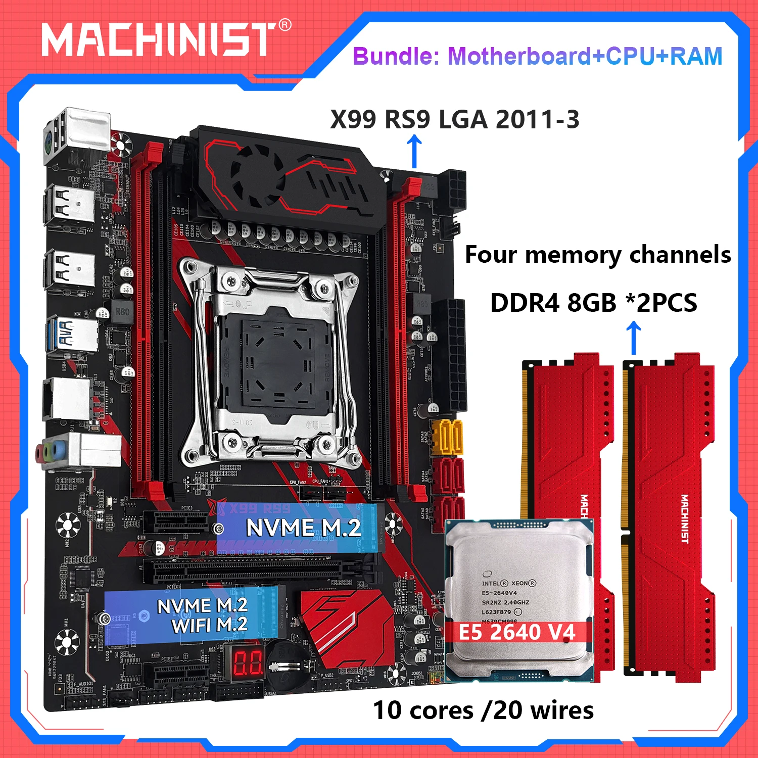 MACHINIST X99 RS9 Motherboard Combo Unterstützung LGA2011-3 Xeon E5 2640 V4 CPU und DDR4 16 GB RAM NVME M.2 Vierkanal-Speicher USB3.0 Image