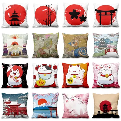 Lucky Cat japanischer Stil, Sofa, Bett, dekorativer Kissenbezug, Heimdekoration, Fuji-Kunstkissen Image