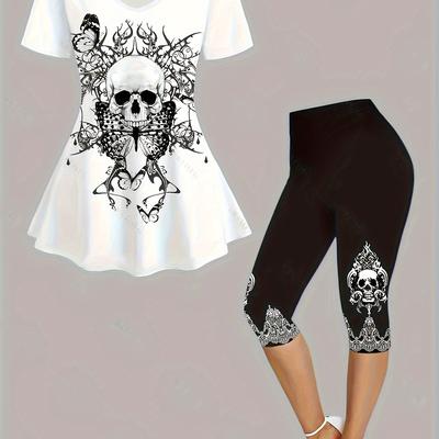 TEMU Women' Printed -eighth Pants Short Sleeve T-shirt Printed Suit Image