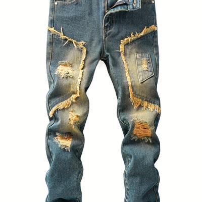 TEMU Boys Fashionable Street Style Ripped Distressed Denim Long Pants With Pocket, Kids Clothes For Spring And Autumn Outdoor