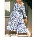 Abendkleid für Damen, Blumenmuster, Rüschen, V-Ausschnitt, langes Kleid, Maxikleid, elegant, stilvoll, täglich, langärmelig, Herbst