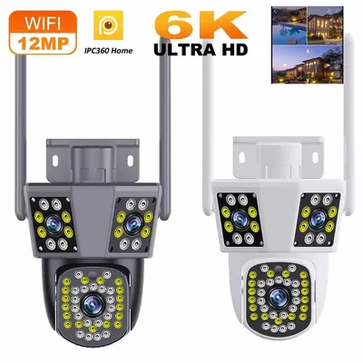 6K 12MP WiFi Outdoor Camera 8X Zoom Three Len Ai Motion Tracking PTZ 4K Video Camera Security