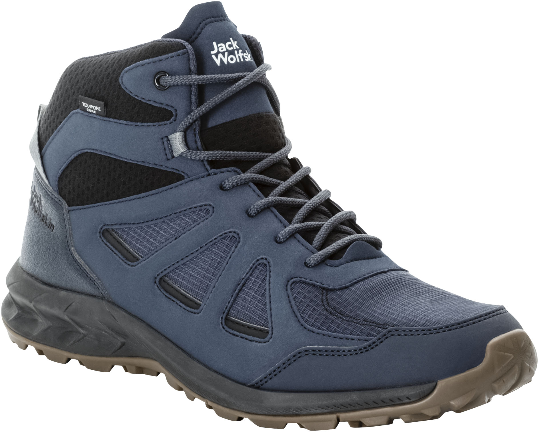Wanderschuh JACK WOLFSKIN "WOODLAND 2 TEXAPORE MID M", Herren, Gr. 41, blau, Synthetik, Textil, Schuhe Wanderschuh, wasserdicht, Trekkingschuh
