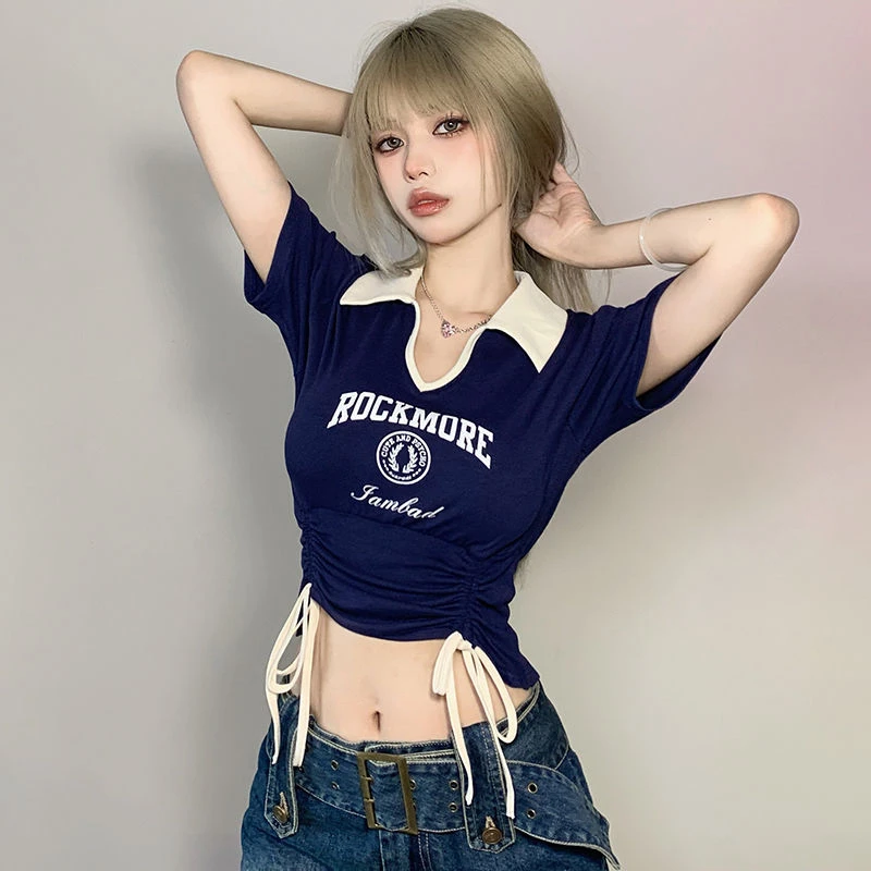 Women Designer Sweet Spicy Style Clothes Lady Drawstring Tie Up Crop Tops Female Turndown Collar Graphic Short Sleeved T-shirts