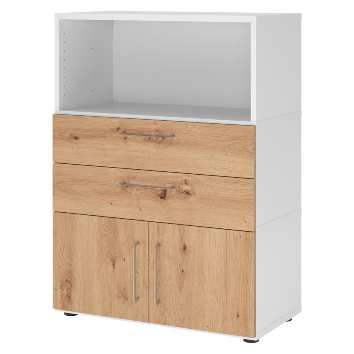 bümö flexi Aktenschrank mit Flügeltüren & 2 Schubladen in Weiß/Asteiche, Büroschrank mit werkzeuglosem Schnellmontage-Klicksysten in modularer Image