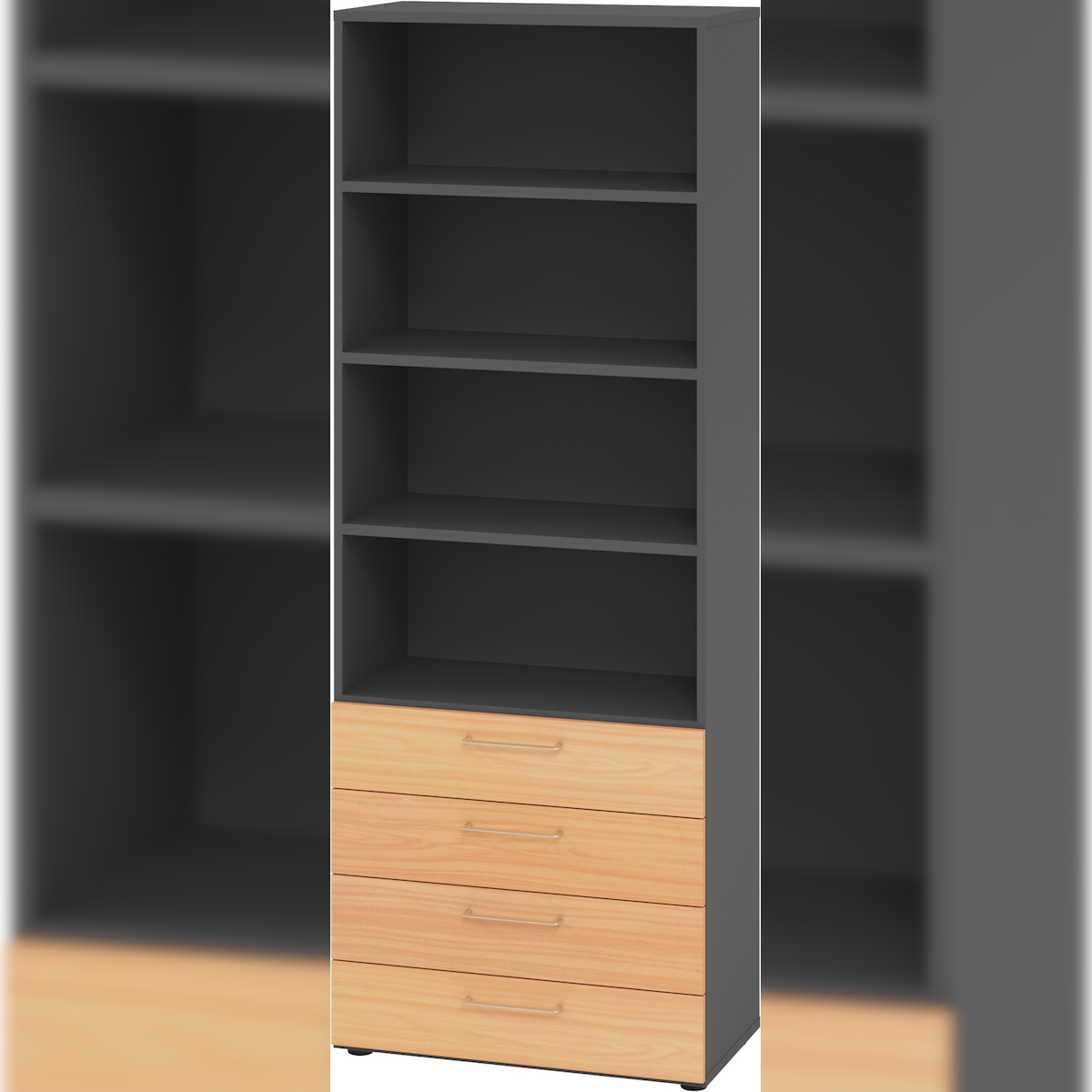 bümö smart Schubladenschrank, Büroschrank 80cm breit in Graphit/Buche mit 4 Schüben & 4 Regalfächern - Bürocontainer aus Holz, Container mit Image