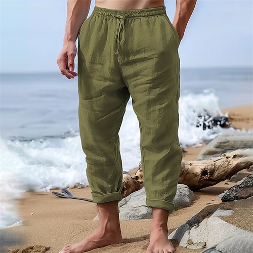 Herren Leinenhose Hose Hosen Sommerhosen Strandhose Tasche Kordelzug Elastische Taille Glatt Komfort Atmungsaktiv Outdoor Täglich Stilvoll HipHop Weiß Blau Image