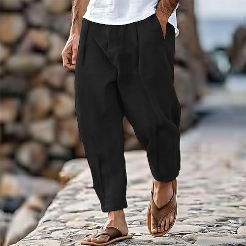 Herren Hose Hosen Sommerhosen Karottenhose mit schmal zulaufendem Schnitt Strandhose Vordertasche Falten Glatt Komfort Atmungsaktiv Casual Täglich Festtage Modisch Strassenmode Schwarz Weiß
