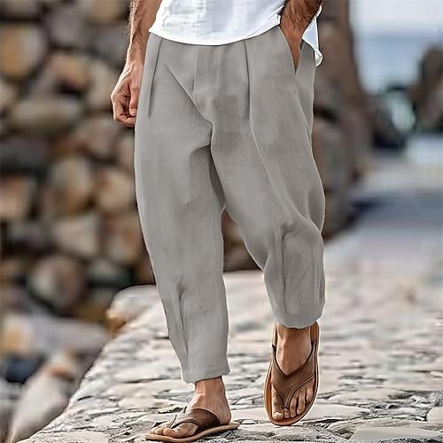 Herren Hose Hosen Sommerhosen Karottenhose mit schmal zulaufendem Schnitt Strandhose Vordertasche Falten Glatt Komfort Atmungsaktiv Casual Täglich Festtage Modisch Strassenmode Schwarz Weiß