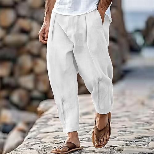 Herren Hose Hosen Sommerhosen Karottenhose mit schmal zulaufendem Schnitt Strandhose Vordertasche Falten Glatt Komfort Atmungsaktiv Casual Täglich Festtage Modisch Strassenmode Schwarz Weiß