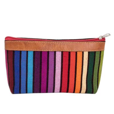 'Colorful Hand-Woven Cotton Cosmetic Bag with Leather Trim'