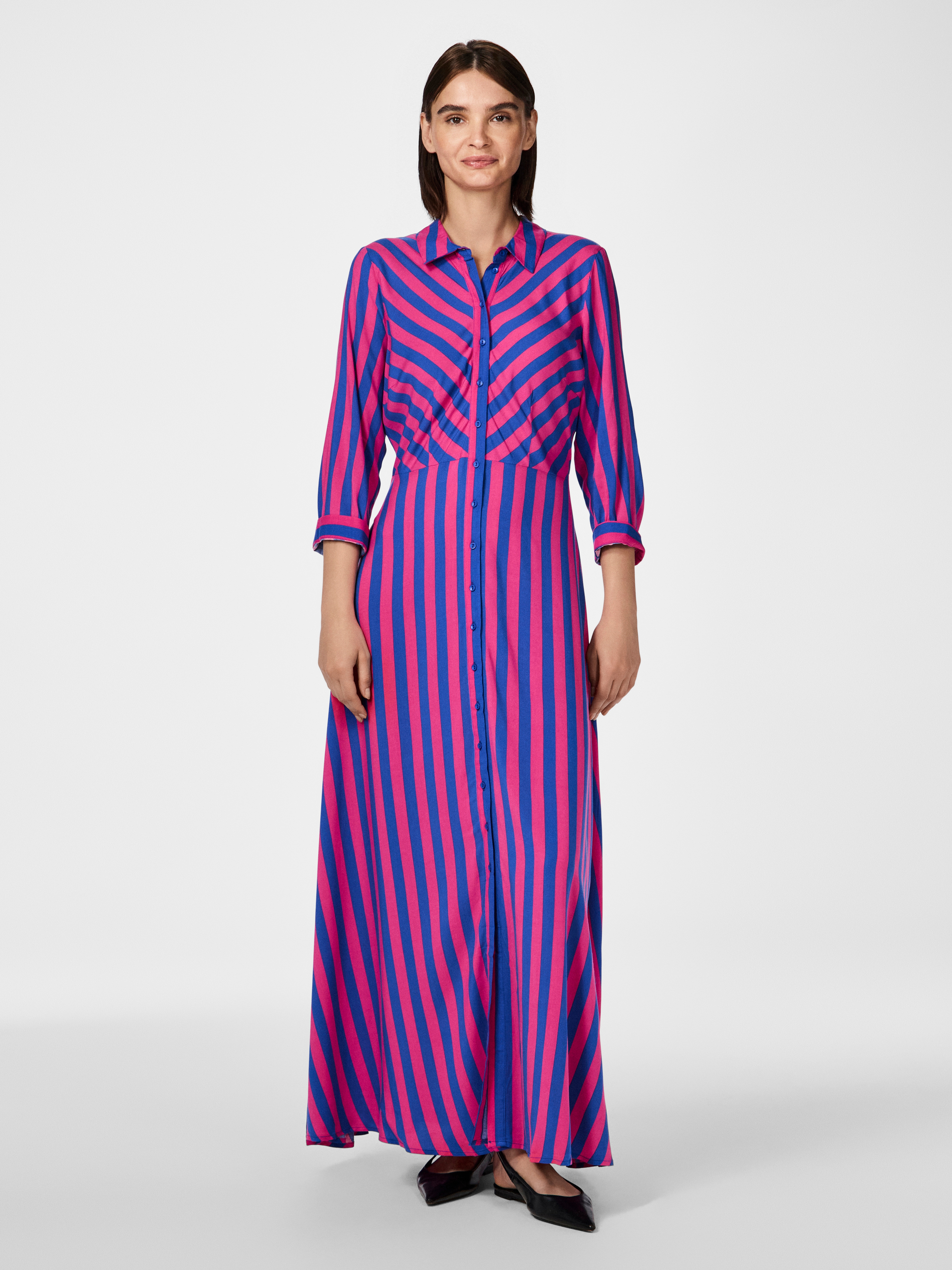 Hemdblusenkleid Y.A.S "YASSAVANNA LONG SHIRT DRESS", Damen, Gr. M, N-Gr, bunt (fuchsia fedora stripes:blau lolite), Web, Obermaterial: 100% Viskose, gestreift, relaxed fit lang, Kleider, Sommerkleid, mit 3/4 Ärmel Image