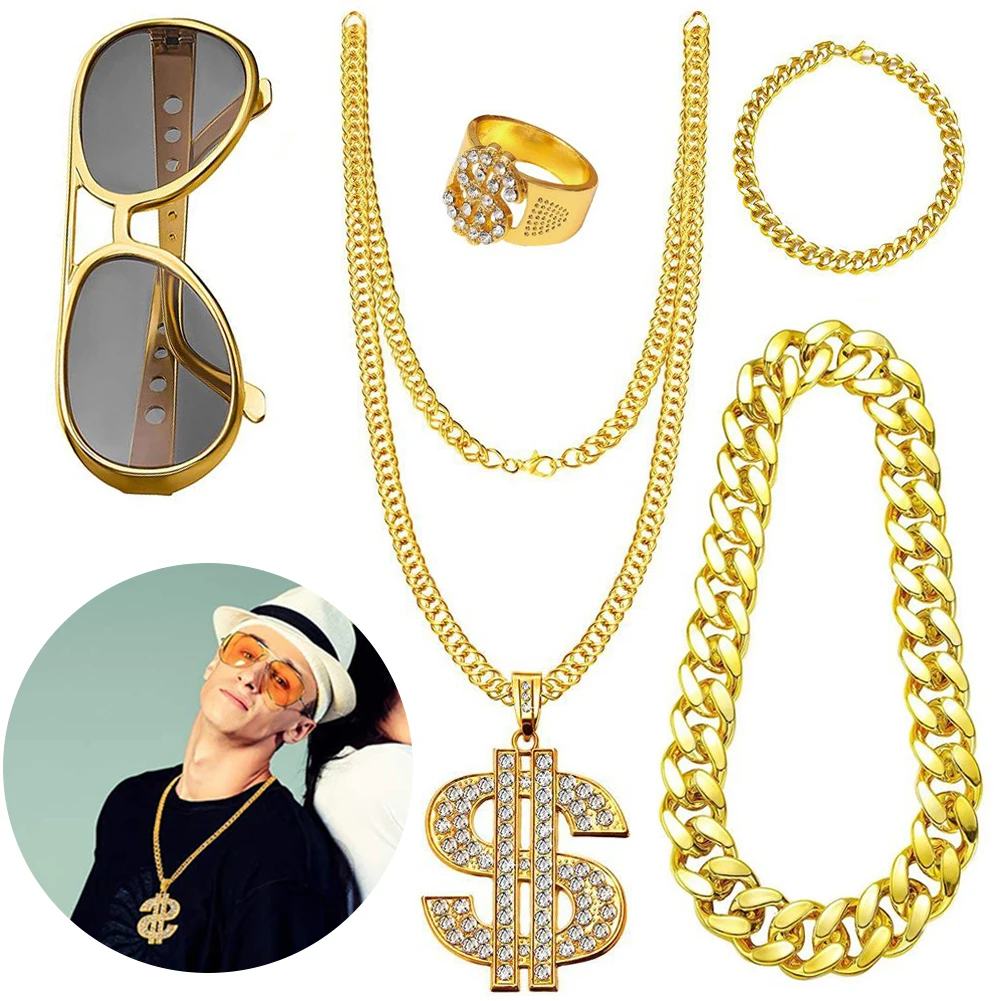 80er 90er Hip-Hop Flamboyant Punk Dollar Sign Ring Hip Hop Kostüm Kit Große Goldkette Hip Hop Kostümkostüme für Retro-Party Image