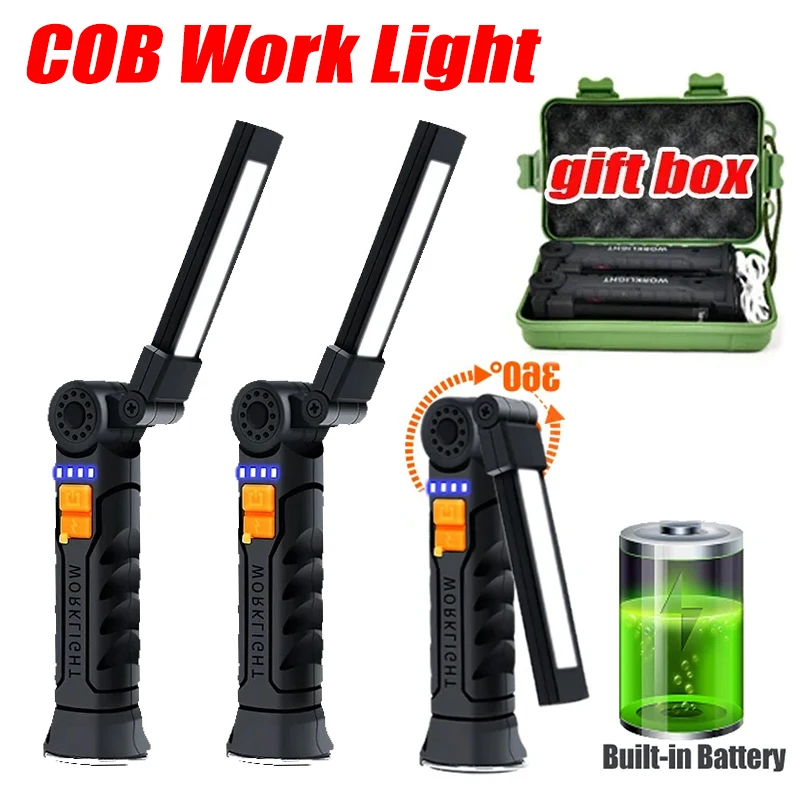 Potente torcia a LED USB ricaricabile COB Lampada da lavoro Lanterna magnetica Lampada a sospensione con batteria incorporata Torcia da campeggio