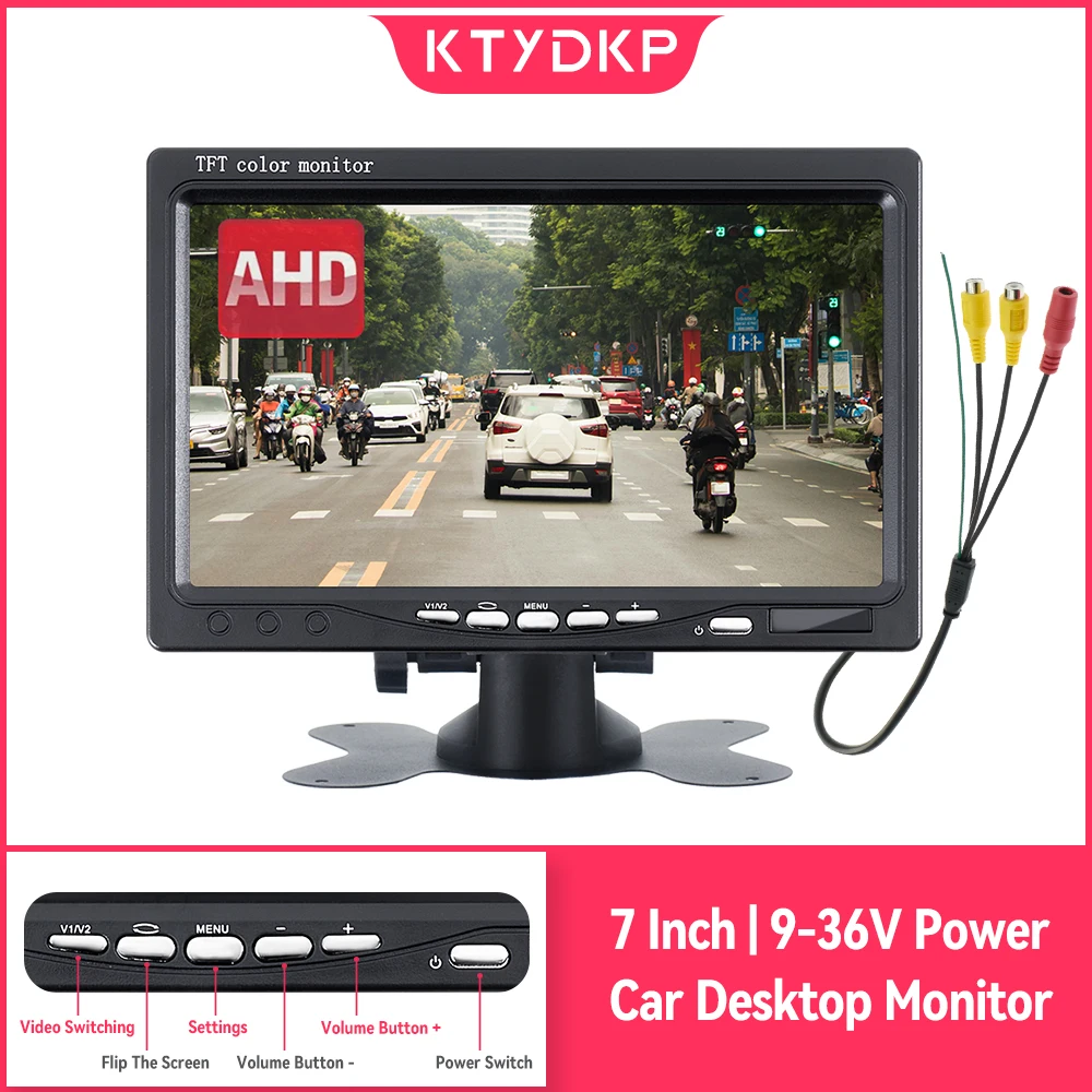 KTYDKP 7-Zoll-Auto-AHD-Monitor mit 2-Wege-Videoeingang, 7-Zoll-TFT-LCD-Display, 1024 x 600 für das Parkplatz von Fahrzeug-Rückfahrkamera Image