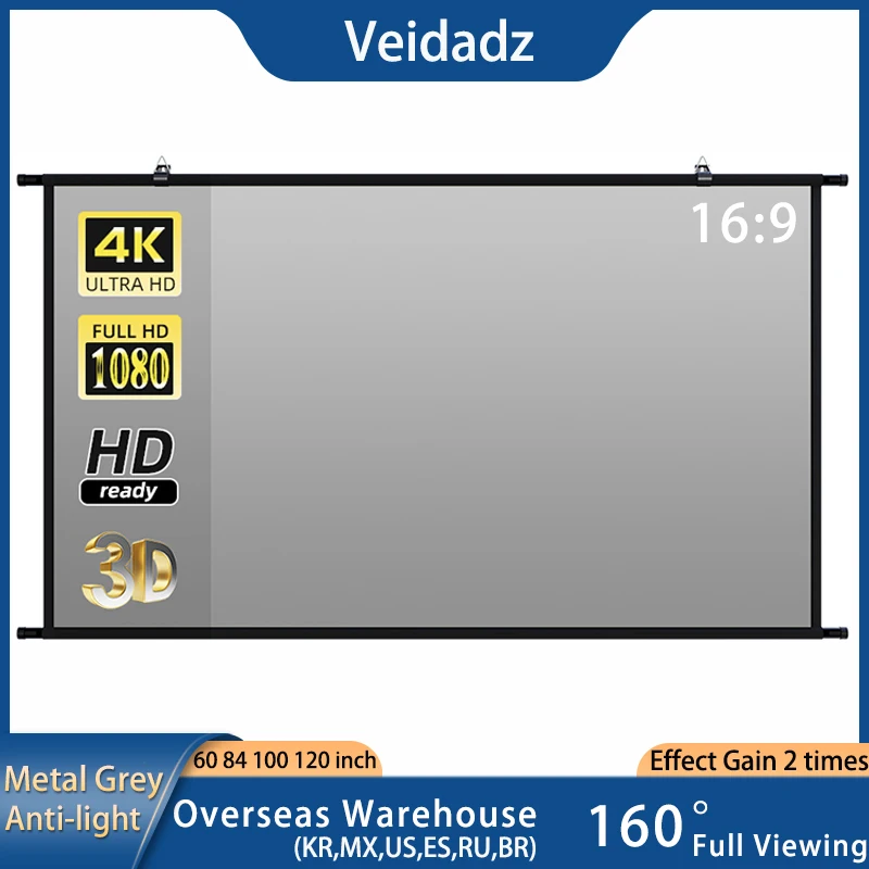 VEIDADZ Projektor-Leinwand, Wandmontage, grau, lichtbeständig, reflektierendes Gewebe, 60, 84, 100, 120 Zoll, für Heimkino im Freien Image