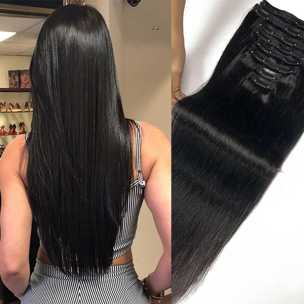 Clip-in-Haarverlängerungen, glattes Echthaar, 100 % unbehandeltes, brasilianisches Echthaar für den ganzen Kopf, natürliche Farbe, Clip-in-Haar Image