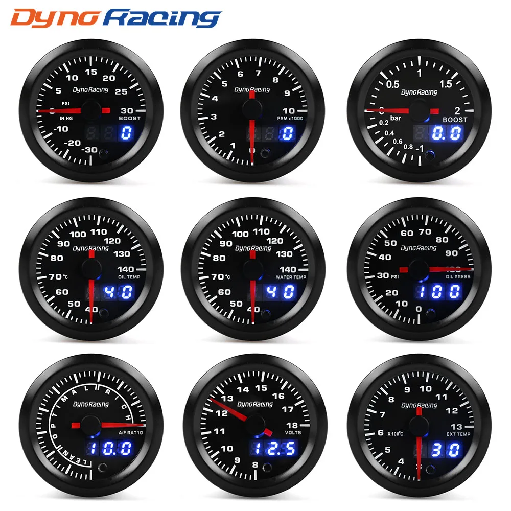 Dynoracing 2" 52mm 7 Farben LED Dual Display Boost Wasser Öltemperatur Öldruck Voltmeter Luftkraftstoff Verhältnis EGT Drehzahlmesser Autoanzeige Image
