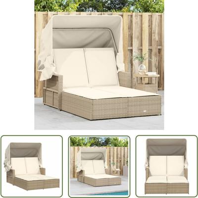 The Living Store - Doppel-Sonnenliege mit Dach und Auflagen Beige Poly Rattan - Doppelsonneliege Image