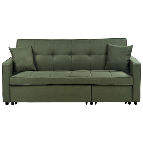 3-Sitzer Sofa Dunkelgrün Stoffbezug Gesteppt mit Schlaffunktion 2 Dekokissen Schmale Armlehnen Modern Wohnzimmer Schlafsofa Polstersofa