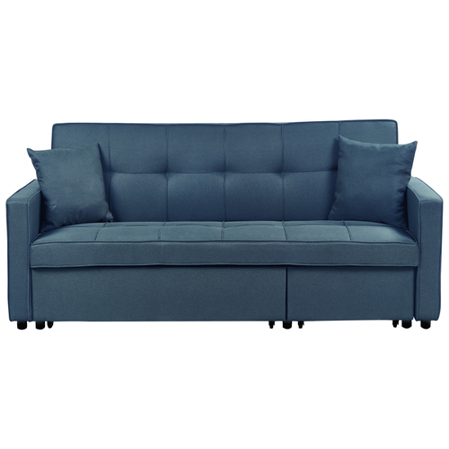 3-Sitzer Sofa Marineblau Stoffbezug Gesteppt mit Schlaffunktion 2 Dekokissen Schmale Armlehnen Modern Wohnzimmer Schlafsofa Polstersofa